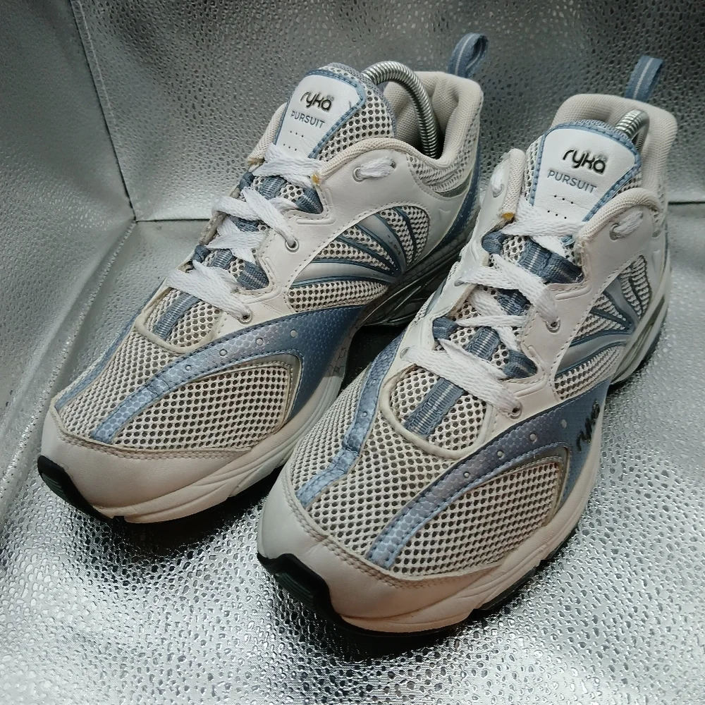 Ryka White & Metalic Lt Blue Pursuit Sneakers Women's Size 9
